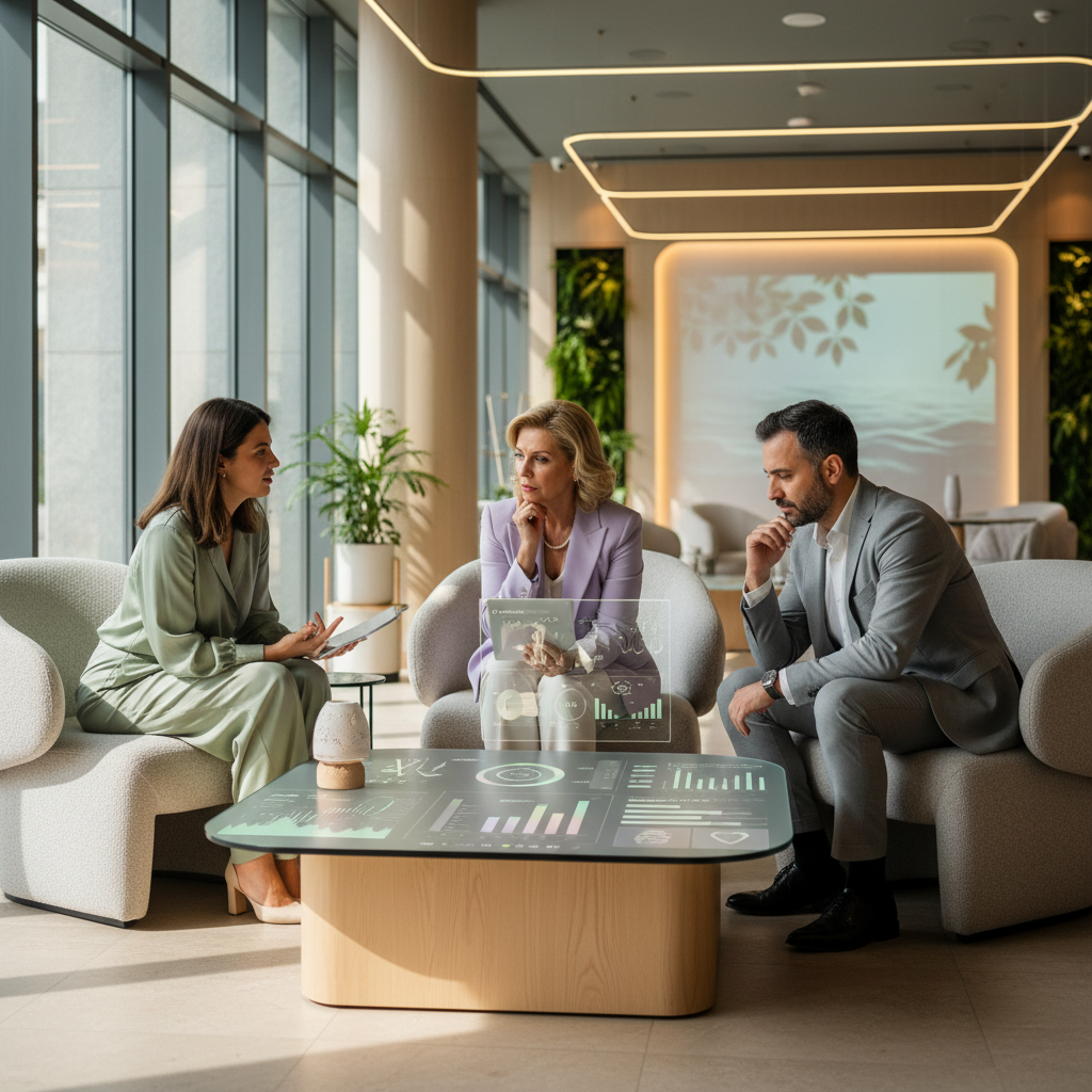 2026'da lüks bir otelde dijital detoks yapan misafirler, huzurlu spa ortamında. Lobby Sohbetleri etkinliğinden bir kare; SPA ve misafir deneyimi yöneticileri, zihinsel esenlik programlarını tartışıyor. Odak Anahtar Kelime: dijital detoks otel.