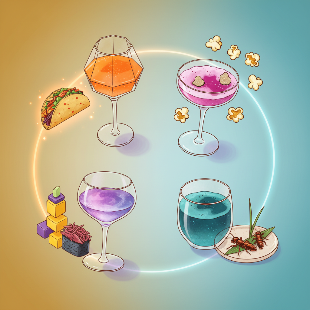 A visually appealing flat lay illustrating delightful unconventional wine pairings beyond typical Chardonnay and chicken, showcasing unique food and wine combinations trending in 2026, perfect for adventurous palates exploring new flavors.