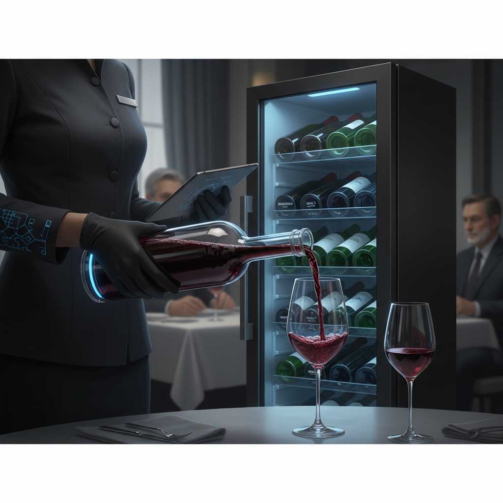 A sommelier expertly decanting red wine into a glass, demonstrating refined wine service techniques from cellar to glass, reflecting hospitality trends in 2026.