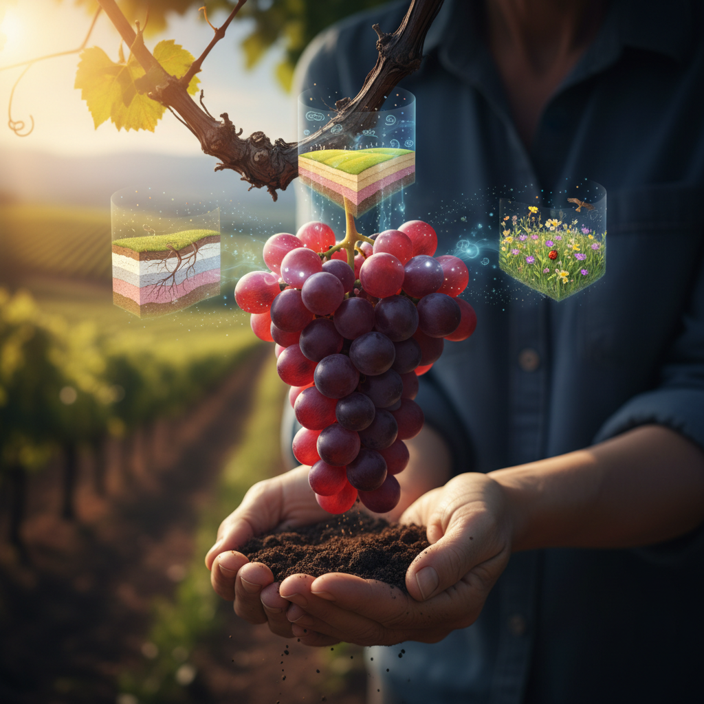 A sophisticated infographic illustrating the winemaker's craft in 2026, showcasing how terroir interpretation and regional characteristics influence modern wine production. Focuses on the nuanced art of translating vineyard identity into the bottle.