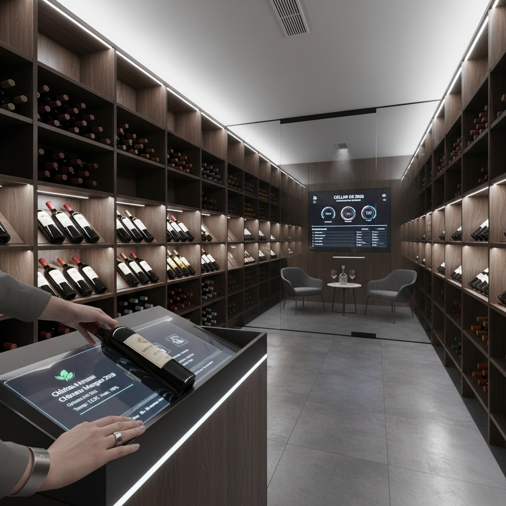 A luxurious home wine cellar in 2026, showcasing rows of meticulously aged wine bottles in a climate-controlled environment, with wooden racking and subdued lighting enhancing the sophisticated aging process. Focuses on the ideal setup for a home wine cellar collection.