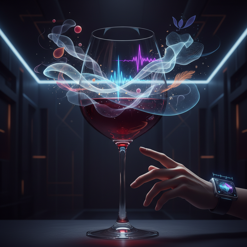 A sophisticated infographic illustrating the intricate relationship between wine and music perception in 2026, showcasing sound waves interacting with a wine glass, with musical notes and sensory descriptors, representing a modern wine and music pairing experience.