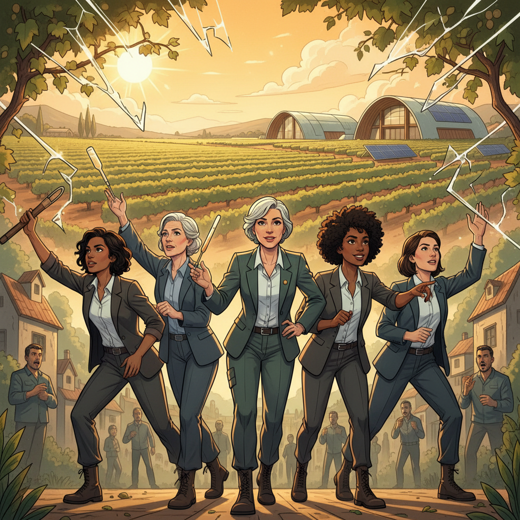 A diverse group of accomplished women winemakers, smiling confidently in a modern vineyard, symbolizing their increasing influence and success in the global wine industry in 2026, breaking traditional barriers and inspiring new generations.