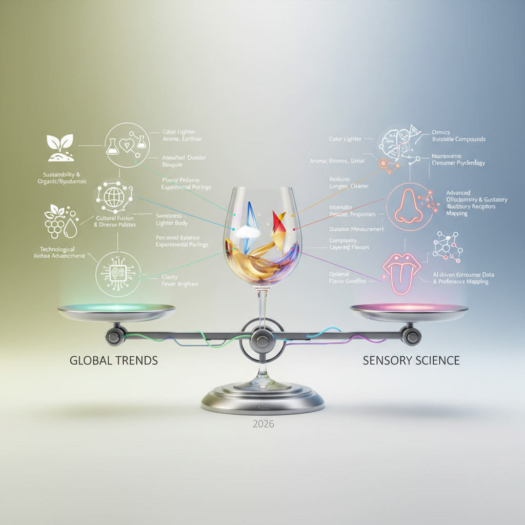 Visual representation of how global culinary trends and sensory science are influencing the evolution of wine palates and reshaping perceptions of 'good taste' in 2026, featuring wine glasses and abstract sensory elements. This image highlights the ongoing wine palate evolution.