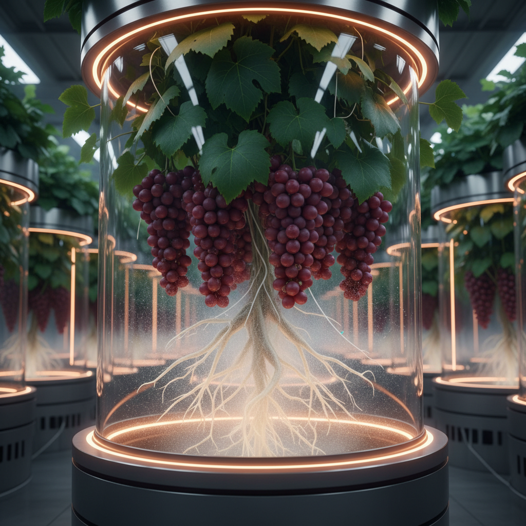 A sleek, futuristic indoor vineyard showcasing rows of thriving grapevines cultivated using advanced hydroponic and aeroponic systems, illuminated by LED grow lights. The image highlights innovative soil-less viticulture methods producing premium wines, reflecting current 2026 trends in sustainable agriculture and technology's role in the wine industry, with a focus on hydroponic viticulture.