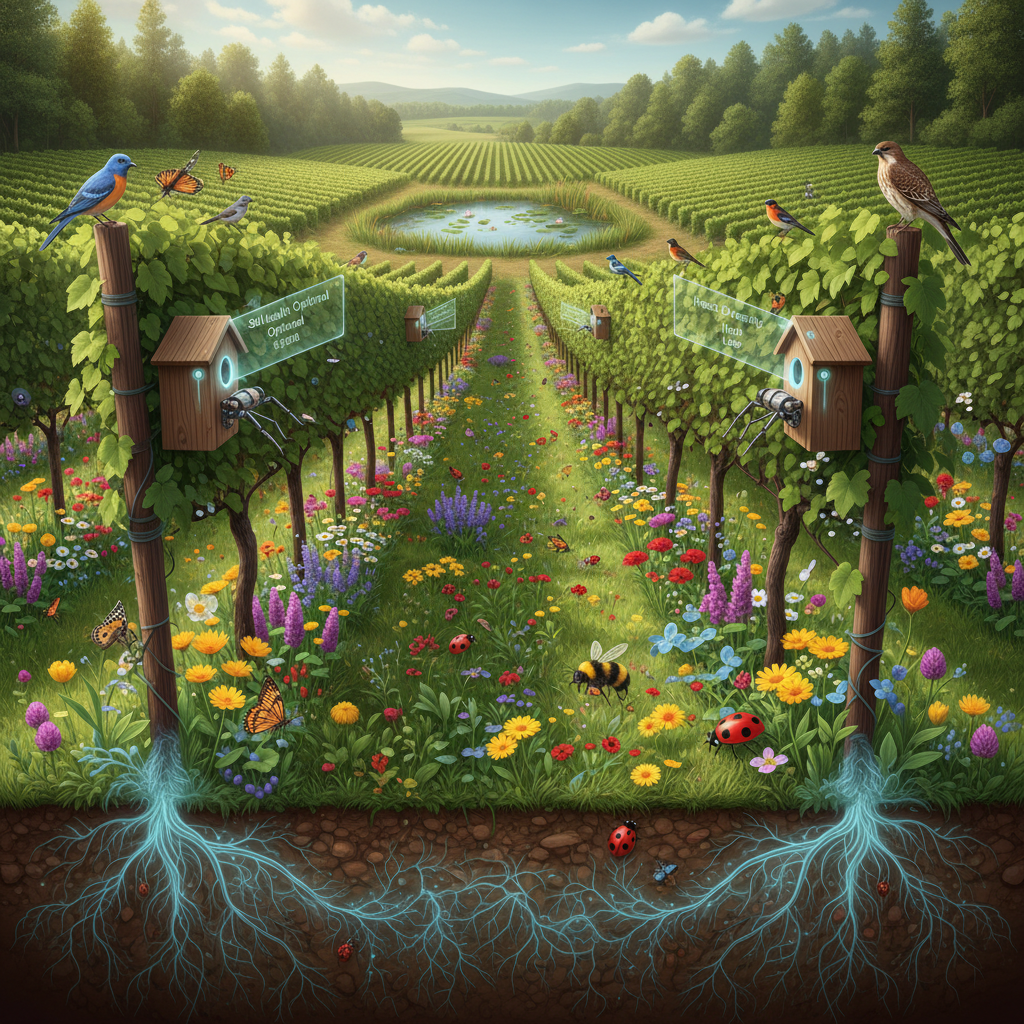 Detailed illustration of a vibrant vineyard ecosystem in 2026, showcasing above-ground and below-ground biodiversity, including beneficial insects, cover crops, soil microbes, and wildlife interacting within the Grapevines, emphasizing the importance of vineyard biodiversity.