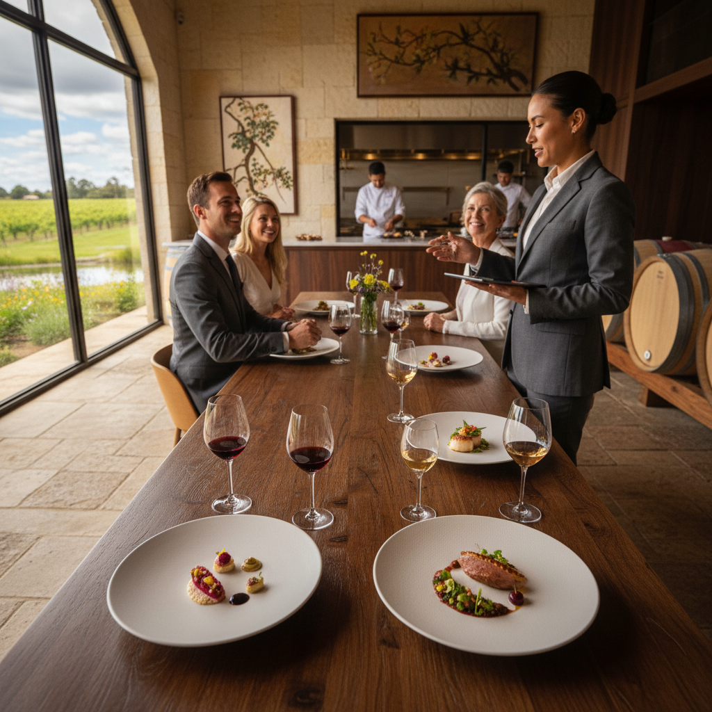 A close-up shot of a sophisticated glass of red wine paired with a gourmet dish, elegantly presented on a table in a vineyard setting, symbolizing the luxurious and immersive experiences offered by gastronomic wine tourism in 2026. The scene evokes fine dining, culinary exploration, and premium wine tasting. Focus keyword: gastronomic wine tourism.