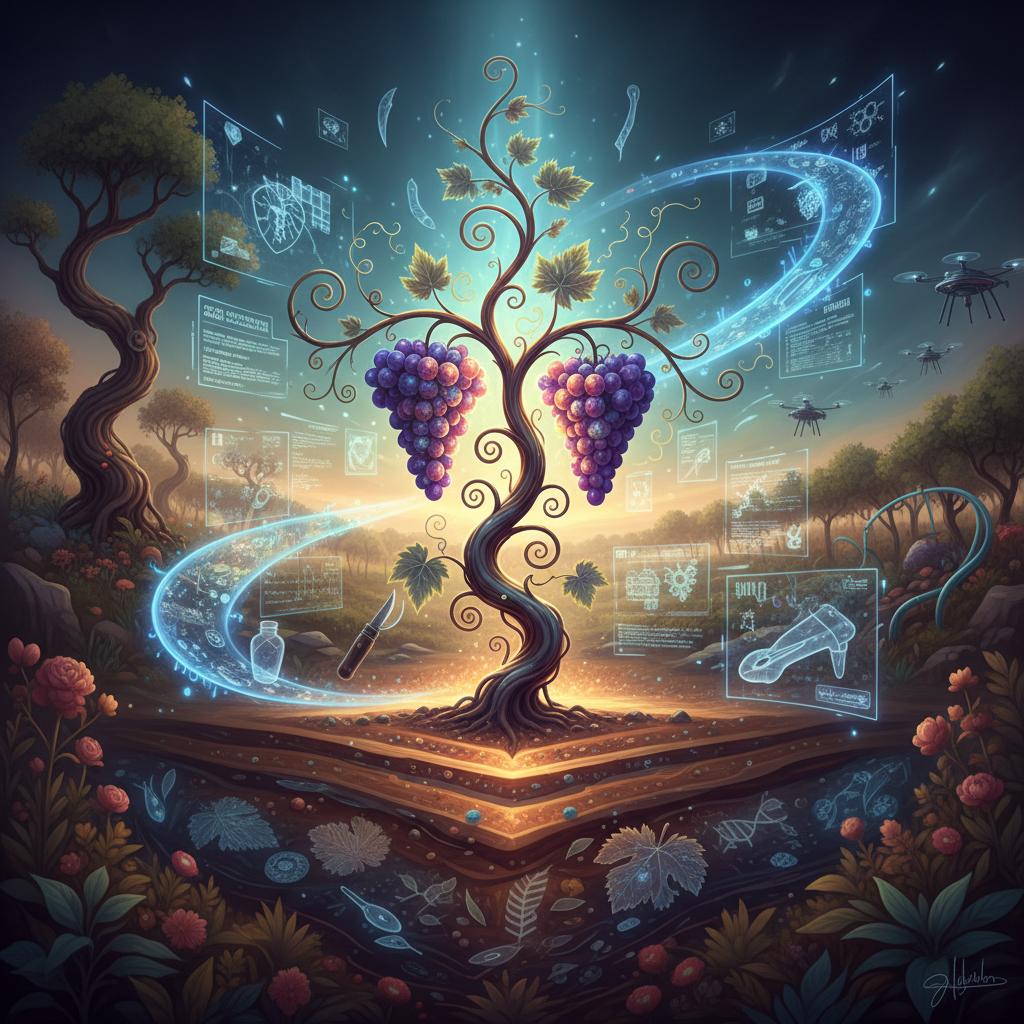 A close-up of vibrant, healthy ancestral grapes, representing pre-phylloxera varieties, being carefully tended for 2026's cutting-edge wine production. The image evokes a sense of revival and innovation in viticulture, highlighting the future of winemaking with a focus on ancient grape DNA and sustainable practices. The rich colors of the grapes contrast with lush green leaves, suggesting organic growth and a promising harvest for ancestral grapes in 2026.