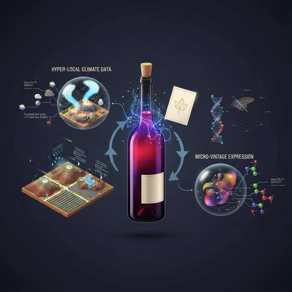 A close-up of a hand holding a wine glass, showcasing the intricate details of a unique micro-vintage wine from 2026, against a blurred vineyard backdrop with detailed labels visible, emphasizing hyper-local climate shifts.