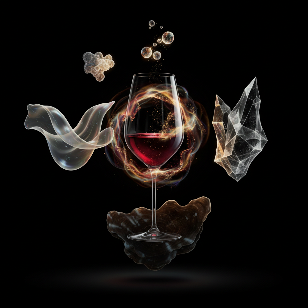 A close-up shot of an abstract wine glass featuring unique textures and a deep red wine, illustrating the concept of 'negative space' pairing and unconventional wine and texture harmony in 2026. Emphasizes the sophisticated art of wine and texture pairing.
