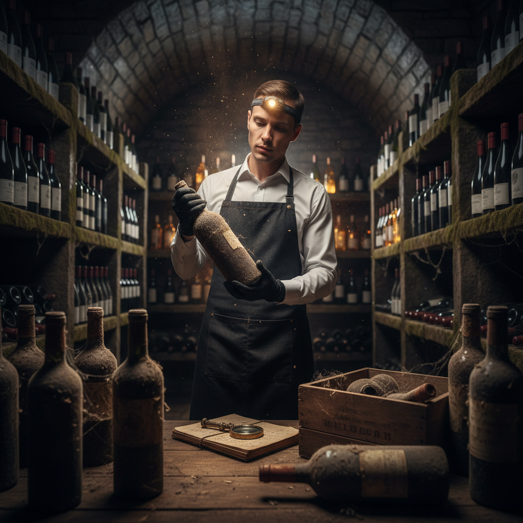 A sommelier carefully selects a rare, aged bottle from a discreet, well-stocked secret cellar in 2026, showcasing hidden wine gems and future classics for connoisseurs.
