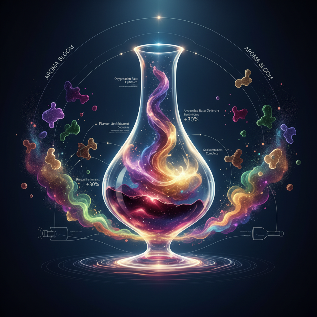 A close-up of a crystal wine decanter with rich red wine being poured, highlighting elegant wine decanting techniques to enhance flavor and aroma in 2026.