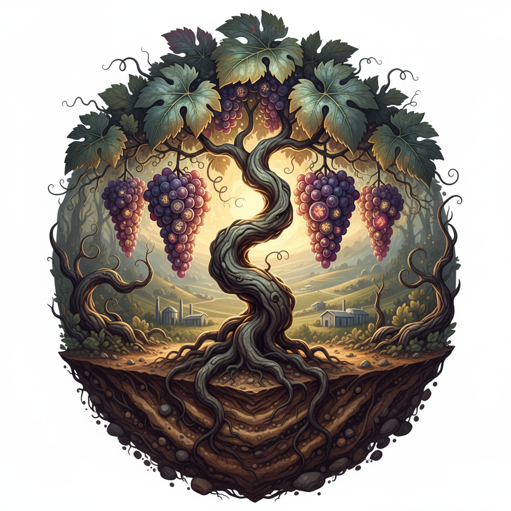 Detailed illustration showcasing diverse indigenous grape varieties, highlighting their unique colors and shapes. A vine weaves through the image, symbolizing the unearthing and appreciation of these overlooked wine heroes in 2026. The scene emphasizes their historical significance and future potential in viticulture, promoting biodiversity and cultural heritage.