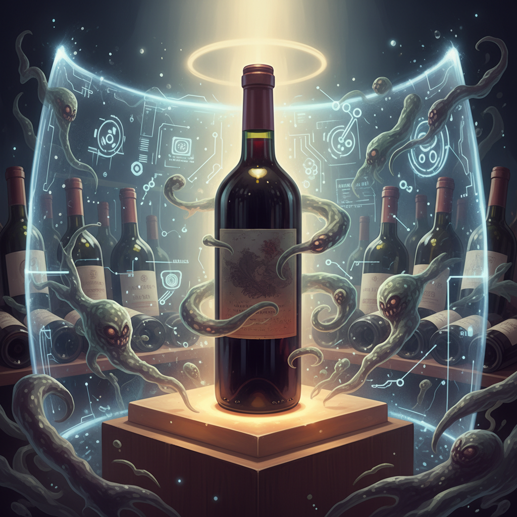 Illustration depicting common wine contaminants like cork taint and Brettanomyces, with microscopic views and prevention symbols, emphasizing safeguarding wine collections in 2026 for optimal quality and longevity.