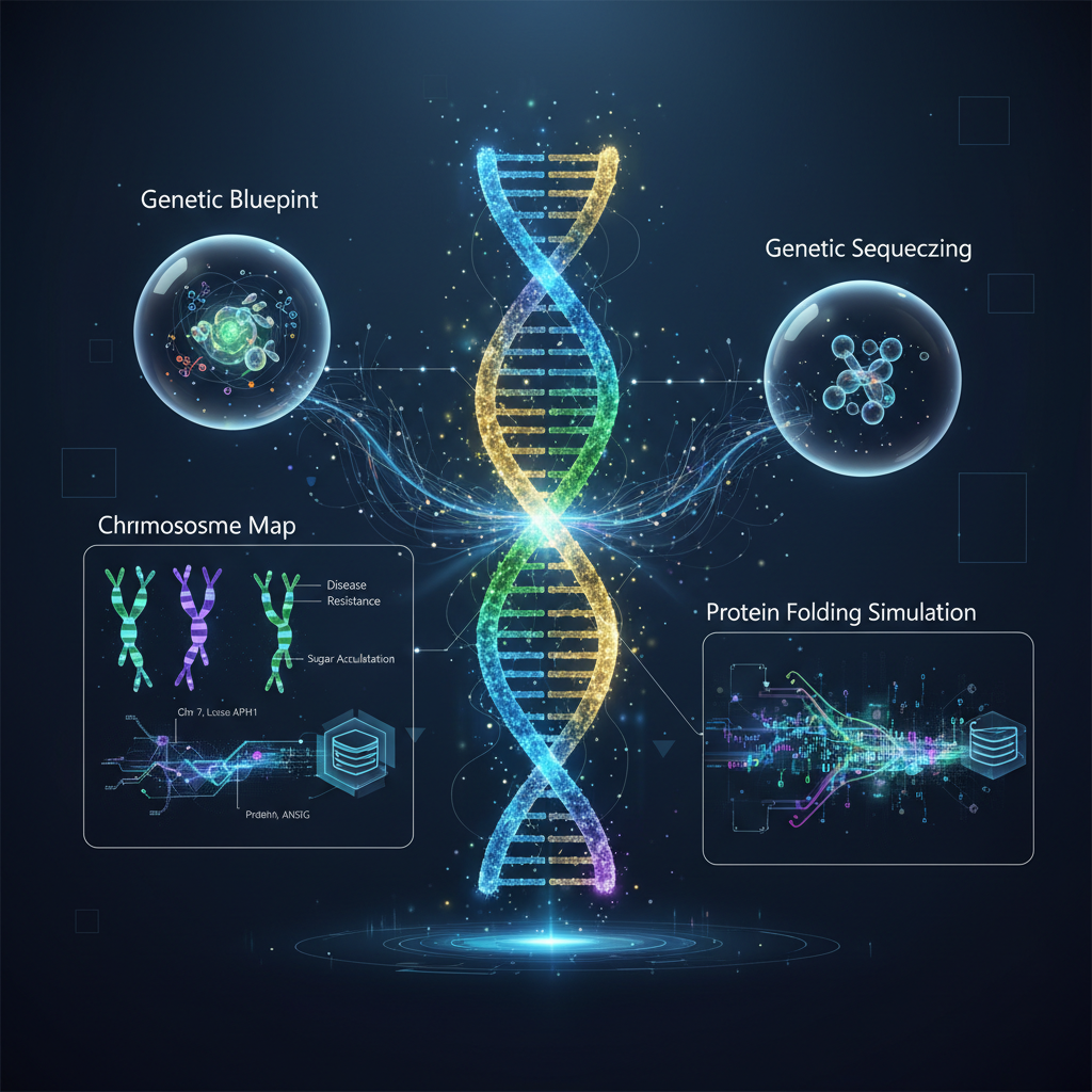 Detailed illustration of intertwined DNA helices representing grapevine genomics research, unlocking genetic secrets for enhanced wine production and grape varietals in 2026. Focuses on scientific advancements in viticulture.