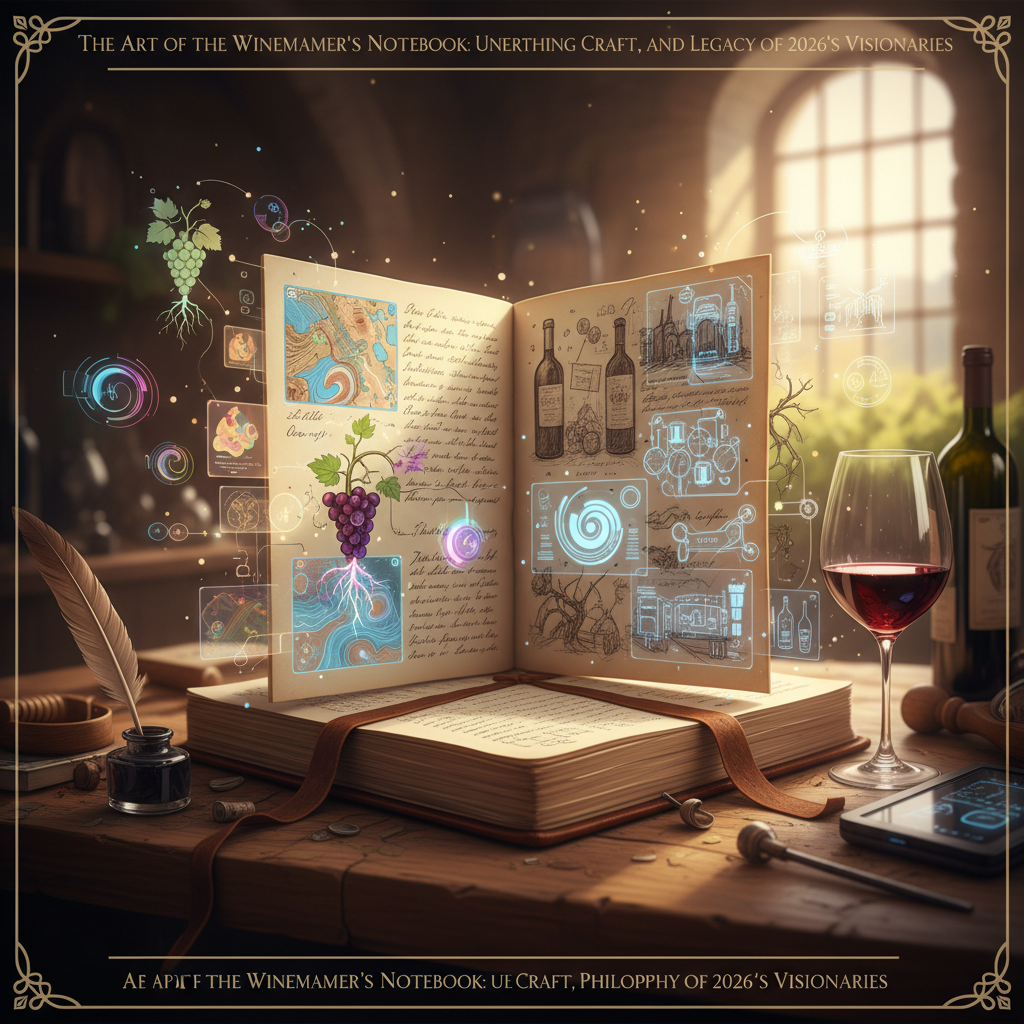 A close-up shot of an open, leather-bound winemaker's notebook from 2026, filled with handwritten notes, sketches of grape varietals, and wine stain smudges, representing the craft, philosophy, and legacy of visionary winemakers, with an emphasis on 'winemaker philosophy 2026'.