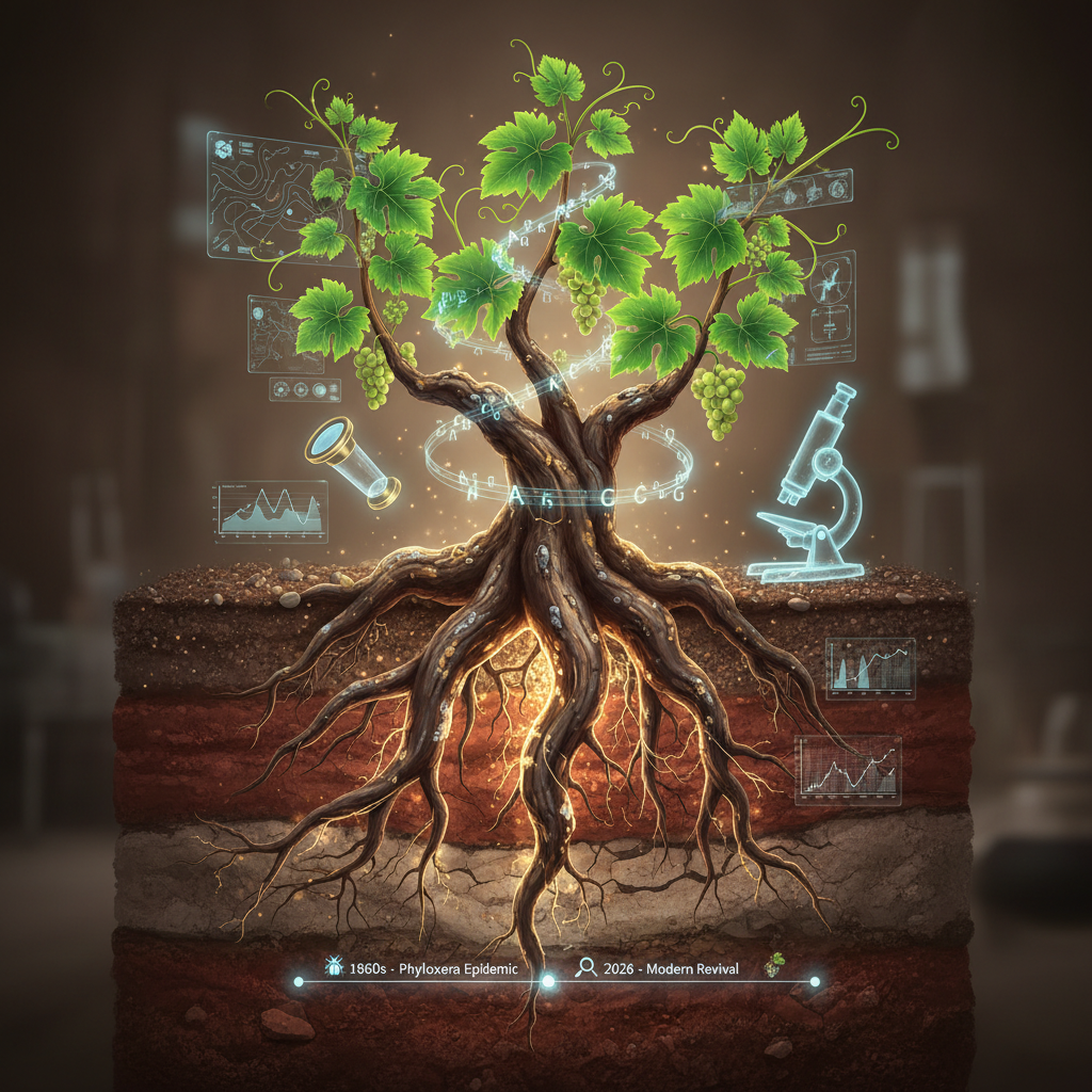Detailed illustration showing ancient, gnarled pre-phylloxera rootstocks intertwined with modern 2026 grapevines, symbolizing their unearthing and successful revival in contemporary vineyards, highlighting sustainable viticulture practices.