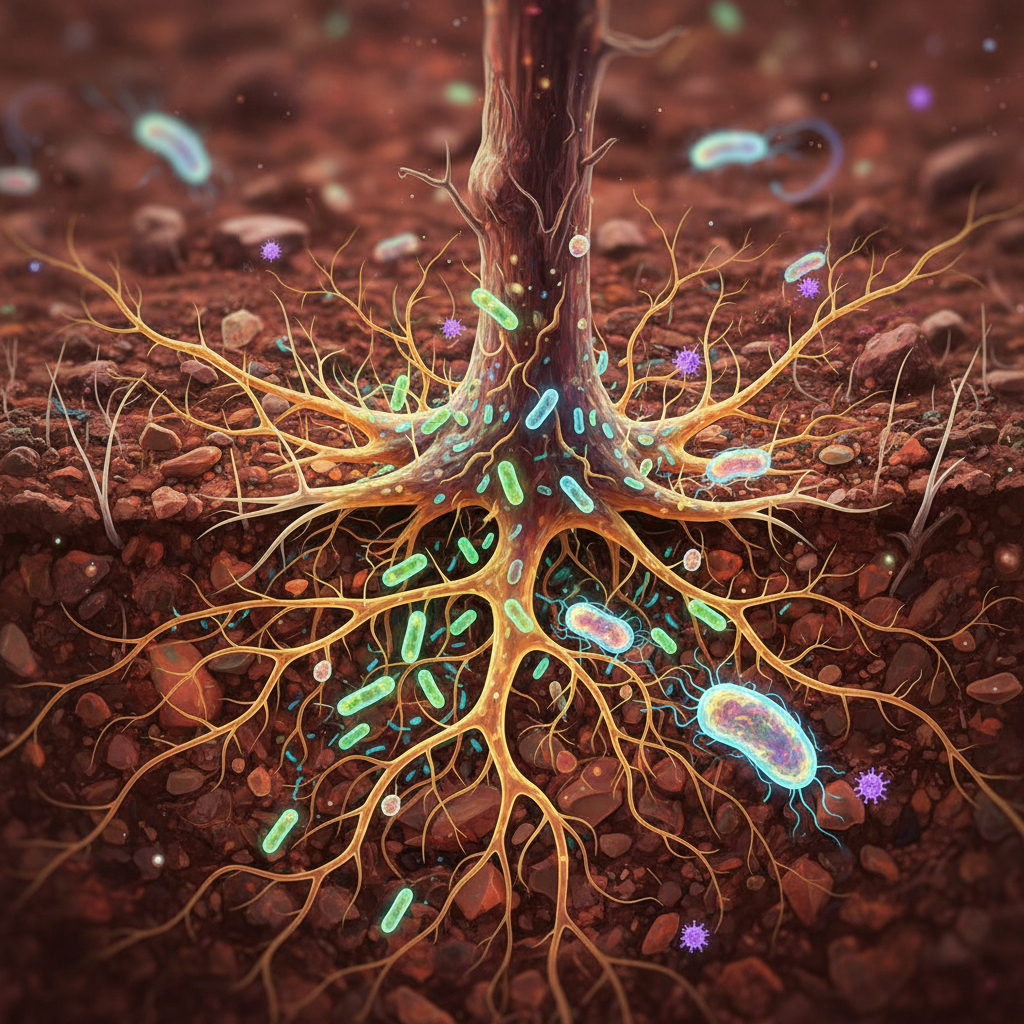 A microscopic, artistic representation of diverse soil microbes creating complex terroir, crucial for wine complexity in 2026. Highlights the 'unseen architects' role of soil microbes in winemaking.
