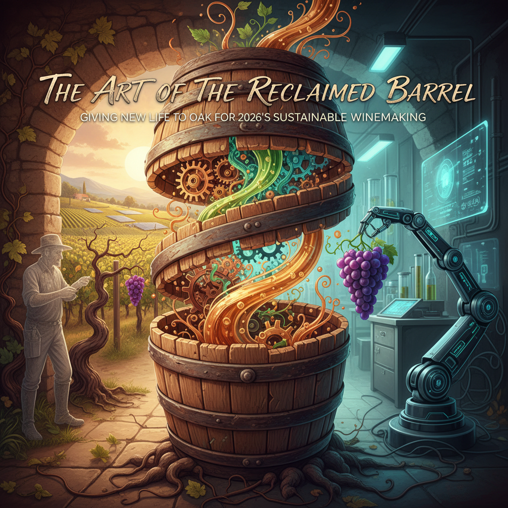 Reclaimed wine barrels artistically arranged, showcasing their sustainable reuse in 2026 winemaking. The oak barrels, once used, are given new life, reflecting eco-friendly practices in the wine industry for the current year.