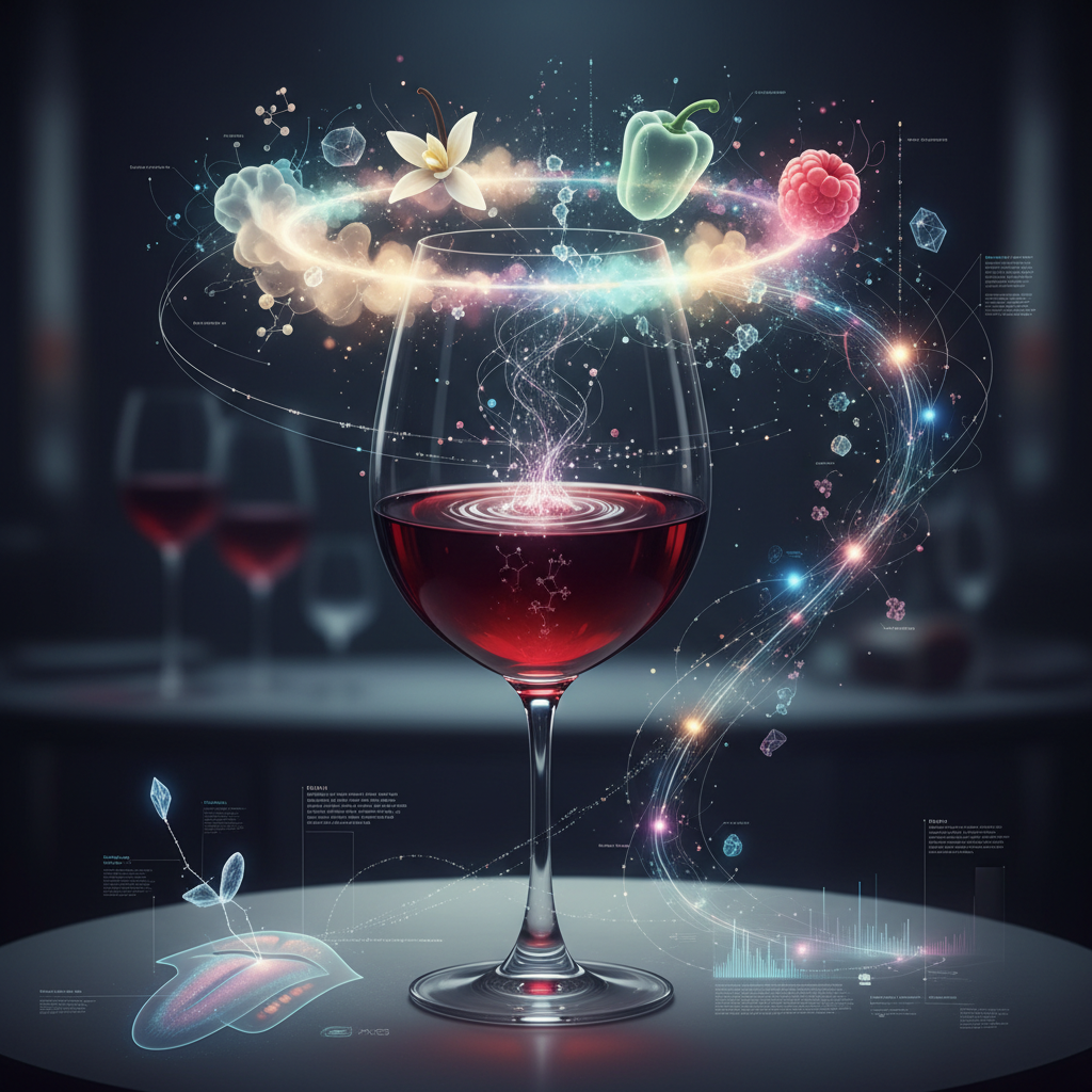 A sophisticated infographic illustrating the intricate science behind wine flavor perception in 2026, showcasing neuroscientific pathways and chemical compounds influencing taste. The image highlights the connection between brain activity, molecular structures, and the sensory experience of wine.