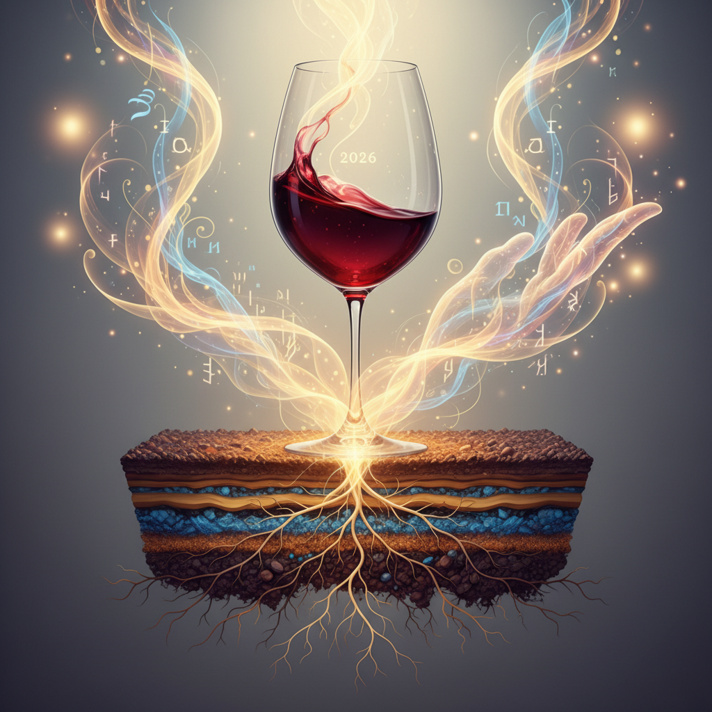 Detailed image showing a vineyard bathed in sunlight, with subtle human elements like carefully pruned vines and a distant figure overseeing the rows, illustrating the unseen human influence on terroir and its impact on 2026 wine identity.