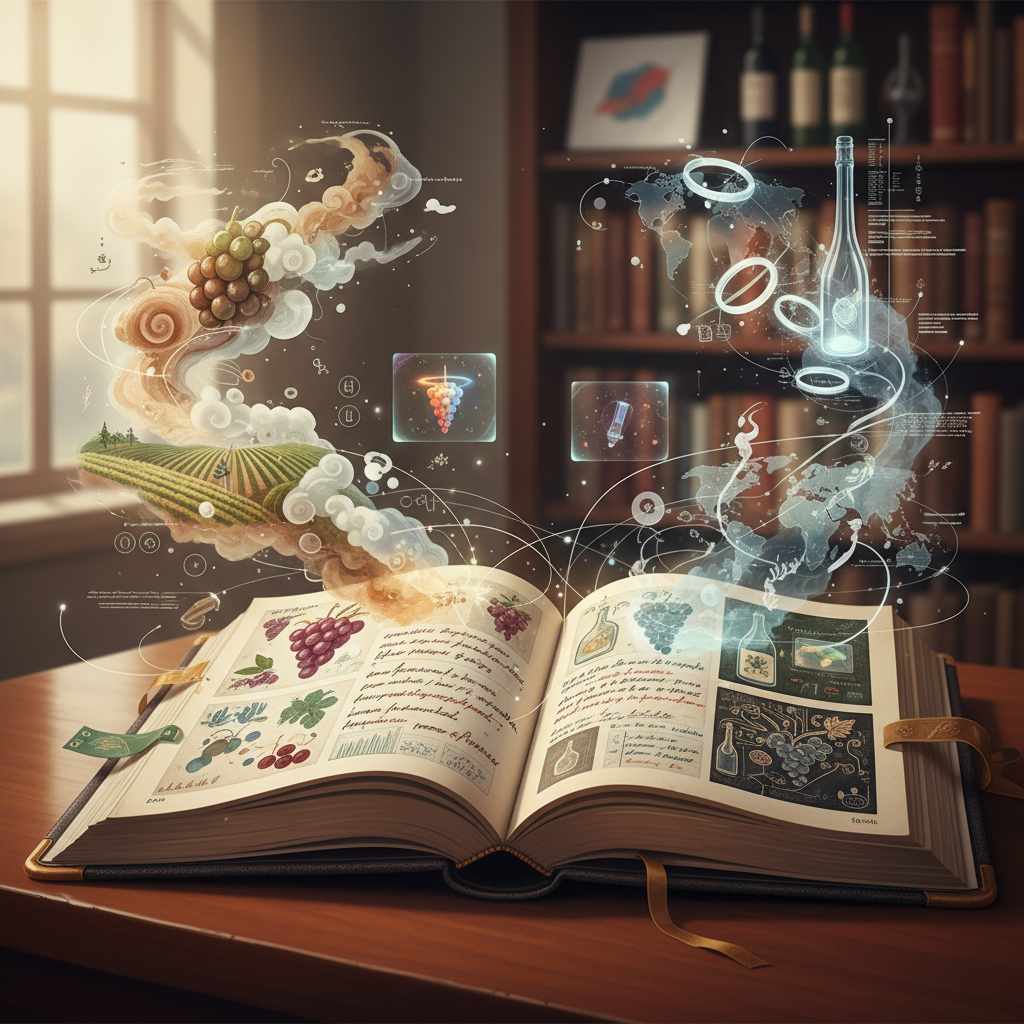 A leather-bound sommelier journal open to a handwritten entry, showcasing a wine glass and pen, symbolizing the evolution of wine tasting and the sommelier industry in 2026.