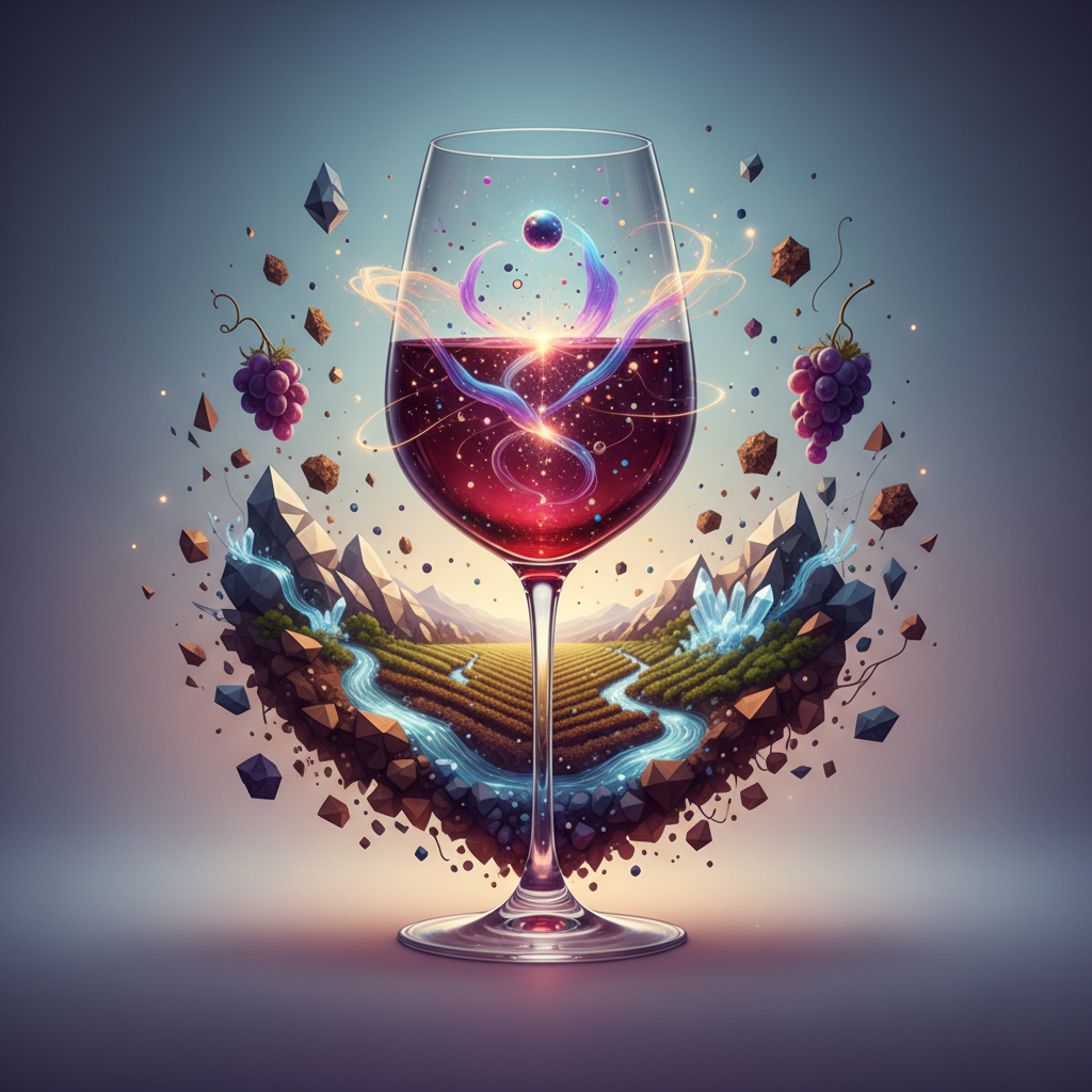 A futuristic depiction of a wine glass refracting light into quantum patterns, symbolizing the exploration of quantum terroir in winemaking in 2026, highlighting the subatomic secrets impacting wine's sense of place through advanced scientific research.