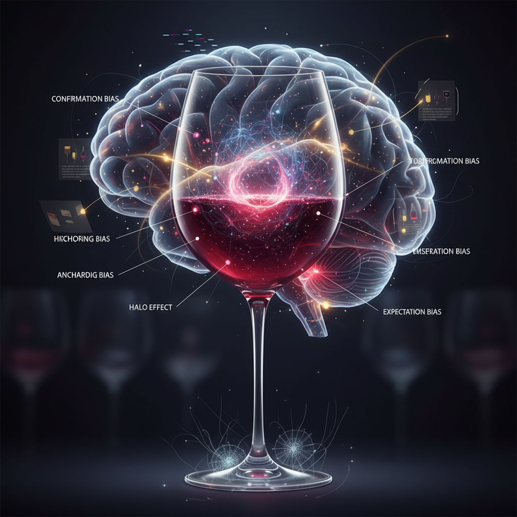 Detailed illustration of a sommelier's brain, half-exposed, displaying neural pathways connected to wine appreciation. Various cognitive biases like confirmation bias and halo effect are visually represented as entangled webs within the brain. Grapes, wine glasses, and a corkscrew are subtly incorporated, symbolizing the wine domain. The overall aesthetic is sophisticated, hinting at the intricate psychology of 2026 wine evaluation and the role of cognitive biases in perception. Focus is on 'cognitive biases' and 'wine appreciation'.