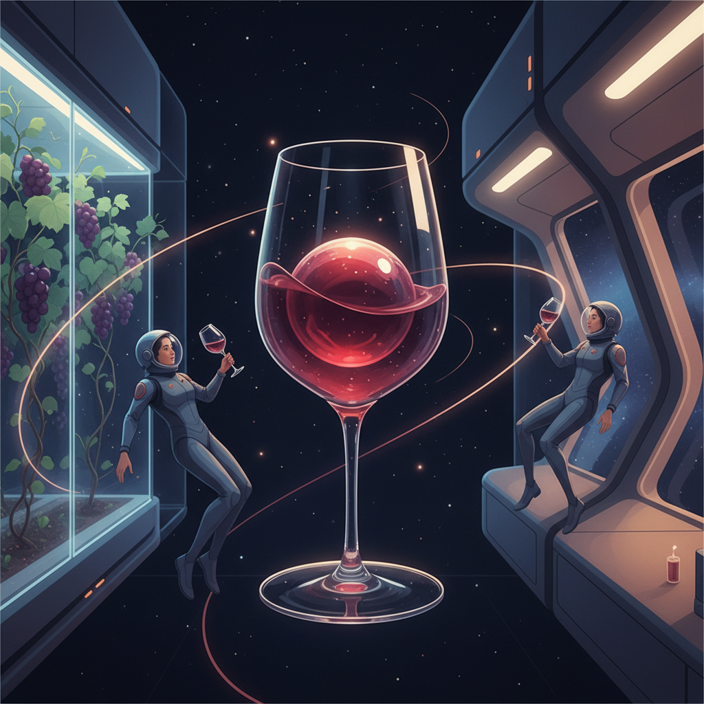 Visualizing the future of space wine in 2026, showing astronauts crafting and consuming vintages in a zero-gravity environment, highlighting innovative techniques for cosmic viticulture and consumption.