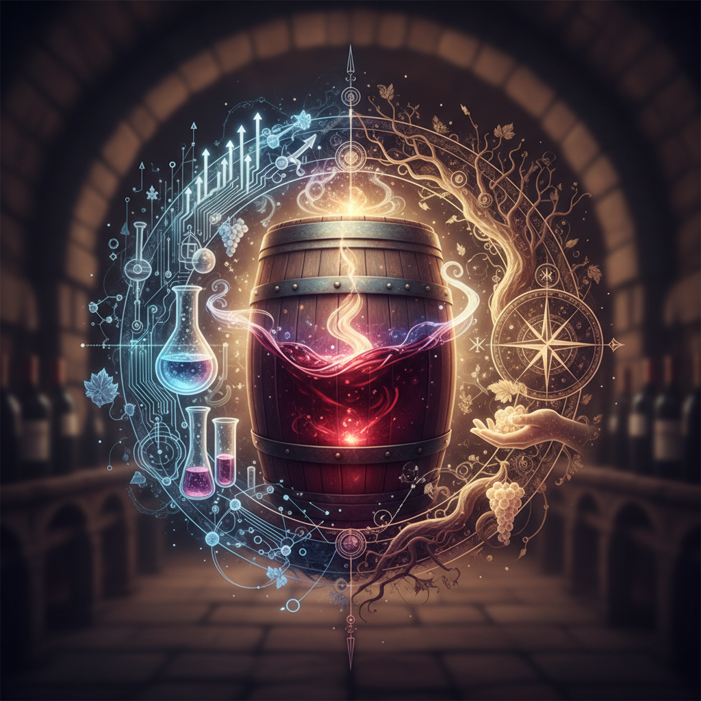 A winemaker, with thoughtful expression, carefully observes a glass of red wine in a sunlit cellar, symbolizing the blend of scientific knowledge and intuitive artistry crucial for crafting 2026's top vintages, highlighting the winemaker's intuition.