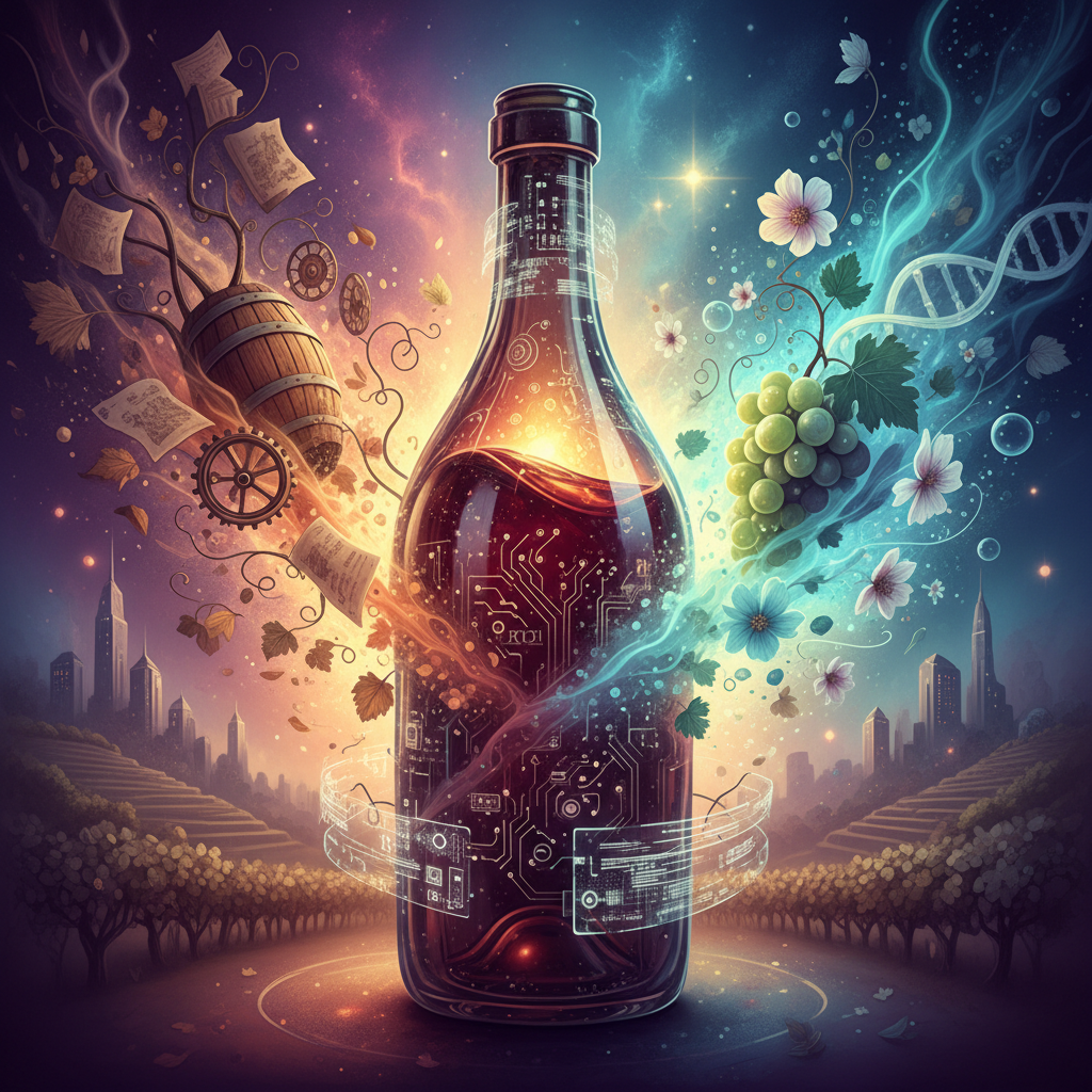 A visually striking image depicting modern wine aging techniques in 2026, showcasing advanced technology accelerating maturation processes while preserving the youthful essence of fine wines, perhaps with glowing capsules and digital readouts.