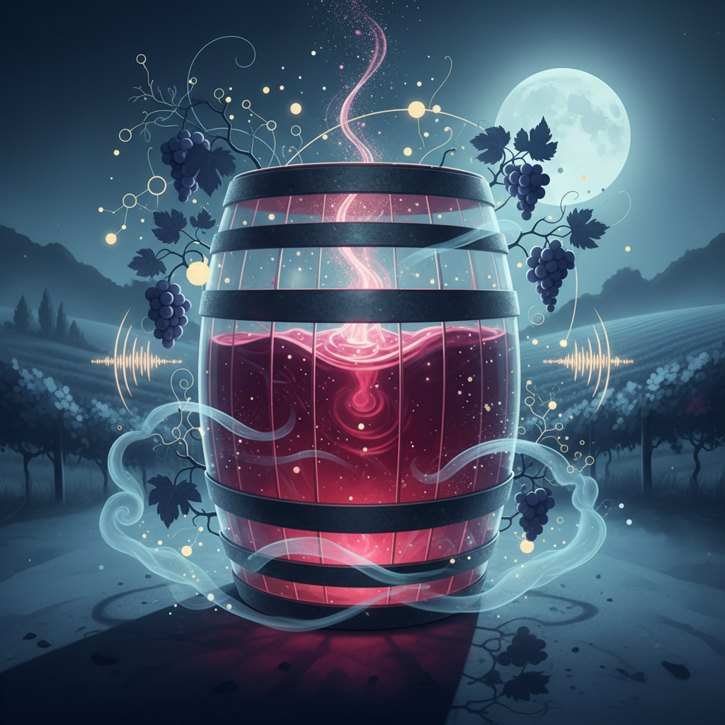 A captivating vineyard scene under a star-lit 2026 night sky, showcasing the unique lighting and machinery used in nocturnal viticulture, emphasizing its impact on wine character and grape quality.