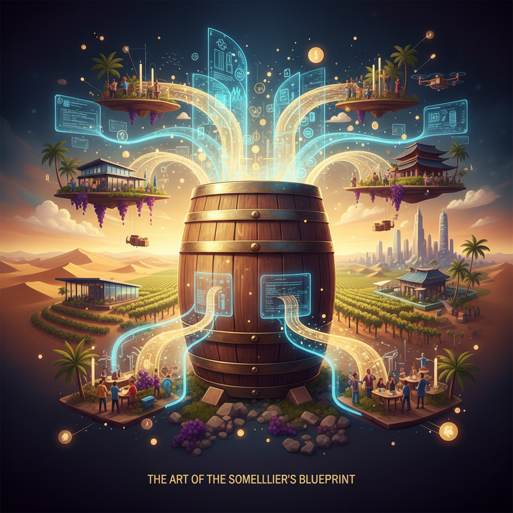 A sommelier meticulously designing a wine program blueprint, featuring a diverse selection of bottles and detailed notes, tailored for emerging markets in 2026. Focuses on strategic wine program design and market adaptation.