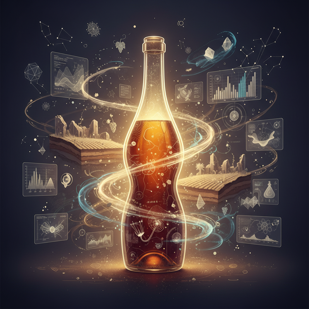 A shadowy, ethereal hand gently holding a vintage wine bottle, enveloped in a mysterious mist, symbolizing a 'phantom vintage wine' from lost terroirs, with delicate tendrils of grapevines subtly integrated into the design, alluding to the enigma and historical depth of these rare wines in 2026.