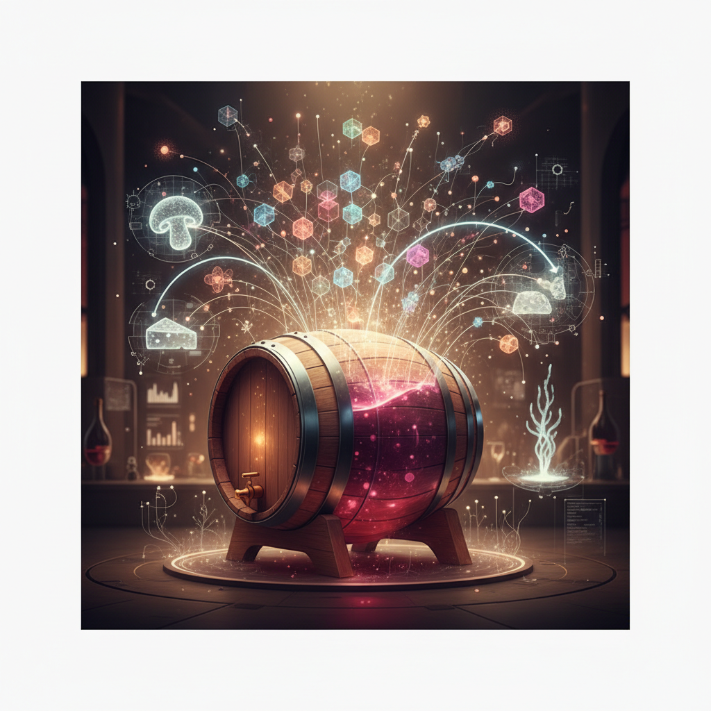 A visually striking image depicting the complex interplay of umami flavors with wine, featuring abstract representations of taste sensations and a delicate wine glass, illustrating advanced umami wine pairing strategies for 2026.