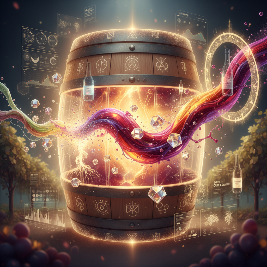 A conceptual image demonstrating 'wine alchemy,' with a hand pouring wine from a vial labeled 'undervalued varietal' into a glass, transforming into a vibrant, glowing liquid representing a '2026 cult classic.' Focuses on the magical transformation within winemaking.
