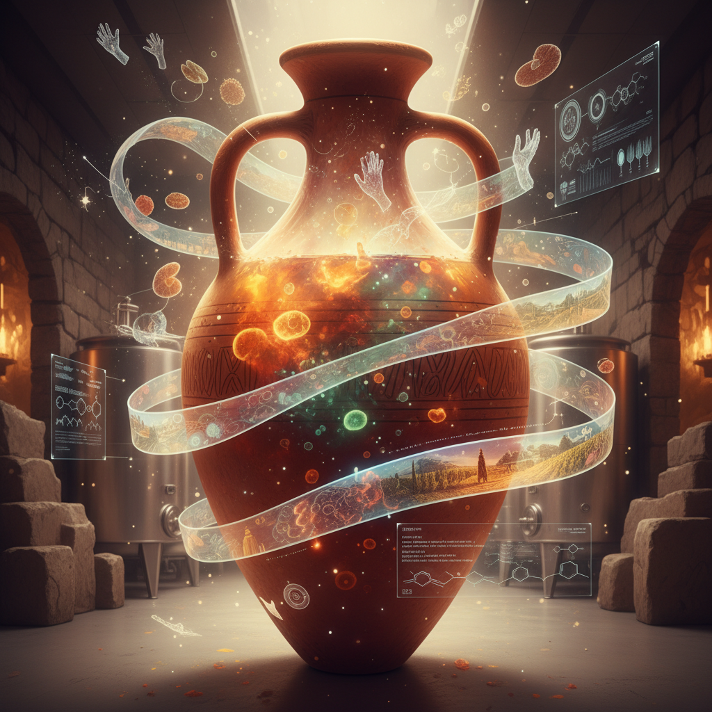 A terracotta amphora, typical of ancient winemaking, sits in a modern winery setting, symbolizing the revival of ancient wine styles and fermentation techniques in 2026. Grapes are visible in the foreground, ready for this unique vinicultural time capsule project.
