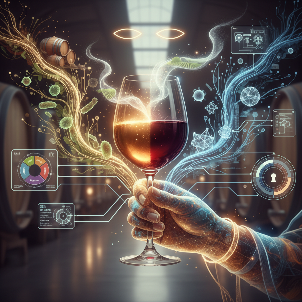 A close-up shot of a winemaker carefully inspecting a glass of 'natural' wine in 2026, surrounded by laboratory equipment, illustrating the complexities of natural wine intervention and technical processes.