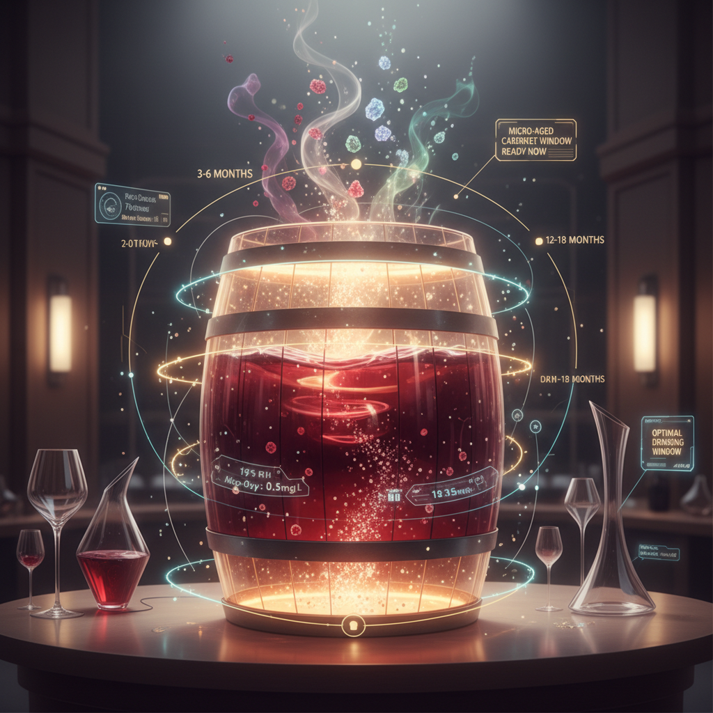 Close-up of a wine glass perfectly capturing a vinous micro-moment, with reflections hinting at intentional short-term aging in 2026. The image visually represents the nuanced art of appreciating wines during brief, impactful periods of maturation.