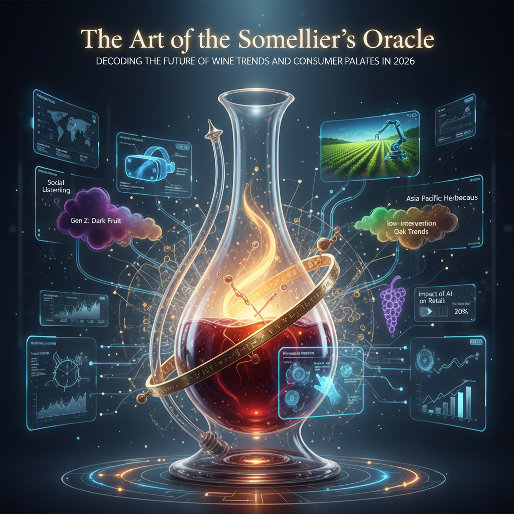 A sommelier deciphers complex wine data and consumer insights, envisioning future wine trends and evolving palates for 2026, against a backdrop of sophisticated wine bottles and digital charts, representing advanced wine trend prediction.