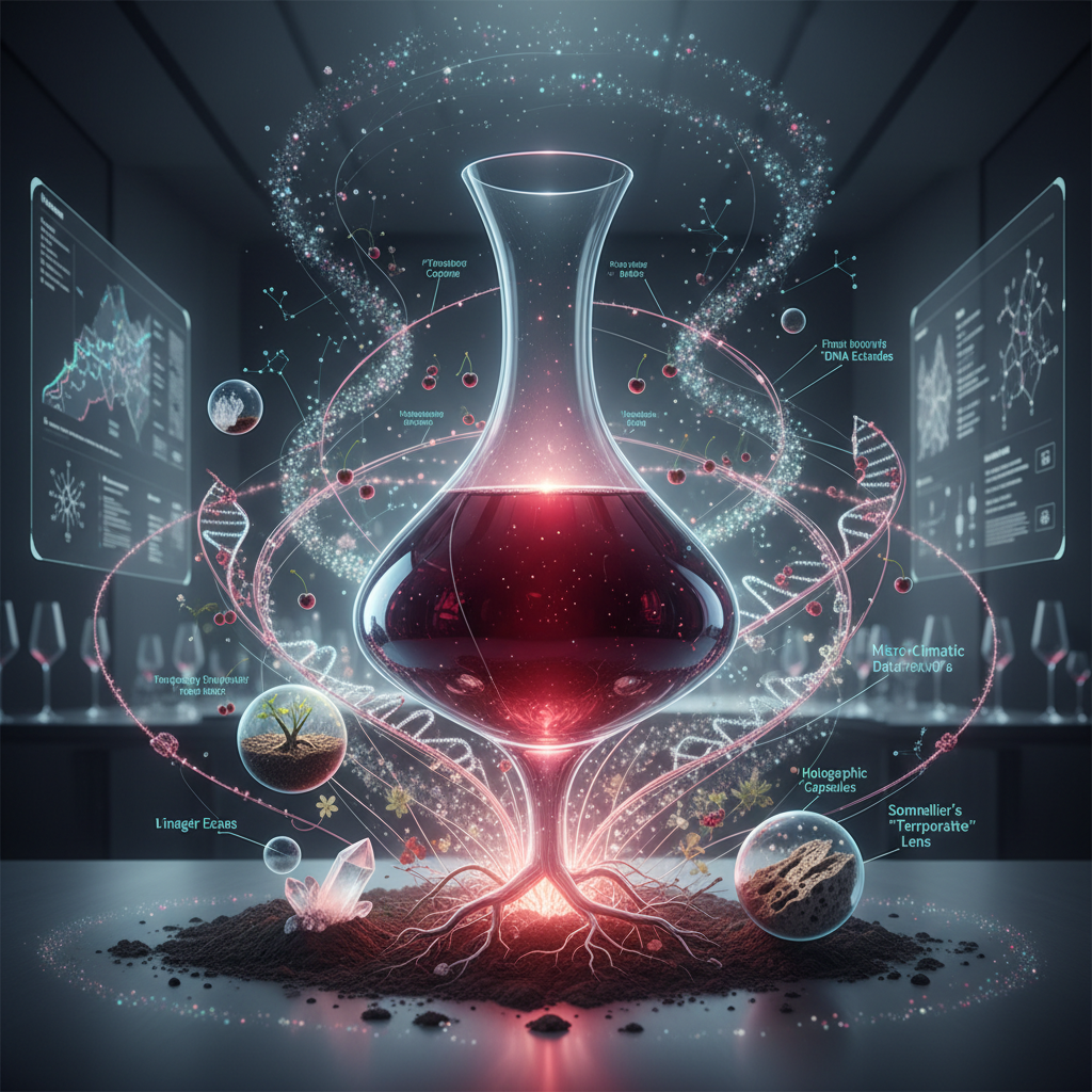 A close-up of a glass of red single varietal wine, catching the light, with elegant swirling patterns. In the background, stylized grapevines hint at the wine's origin. The graphic emphasizes the art and narrative woven into single varietal wines for 2026, highlighting their unique expression and stories.