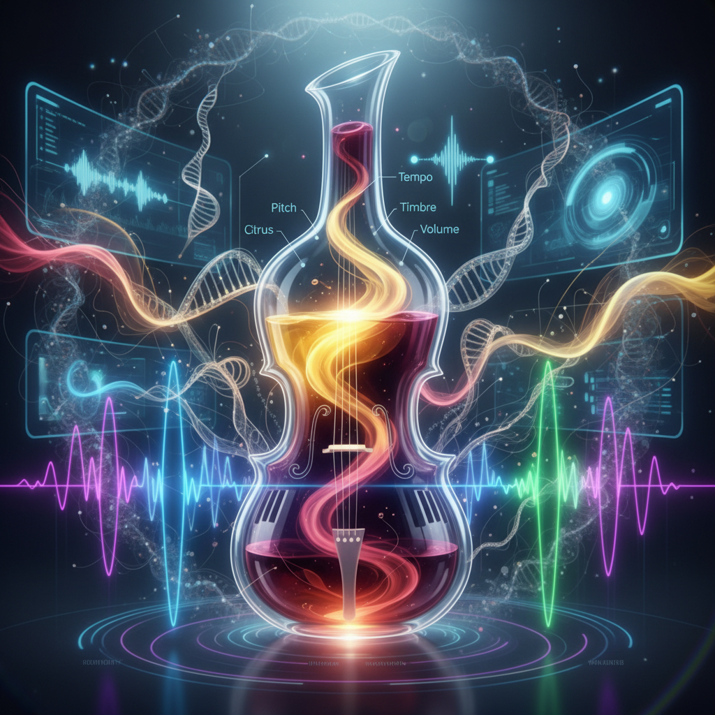 A sophisticated wine glass filled with red wine, subtly reflecting musical notes and sound waves, illustrating the intricate relationship between music and wine perception in 2026. The focus is on how varied sounds and music enhance or alter the wine tasting experience, demonstrating a unique music and wine pairing.