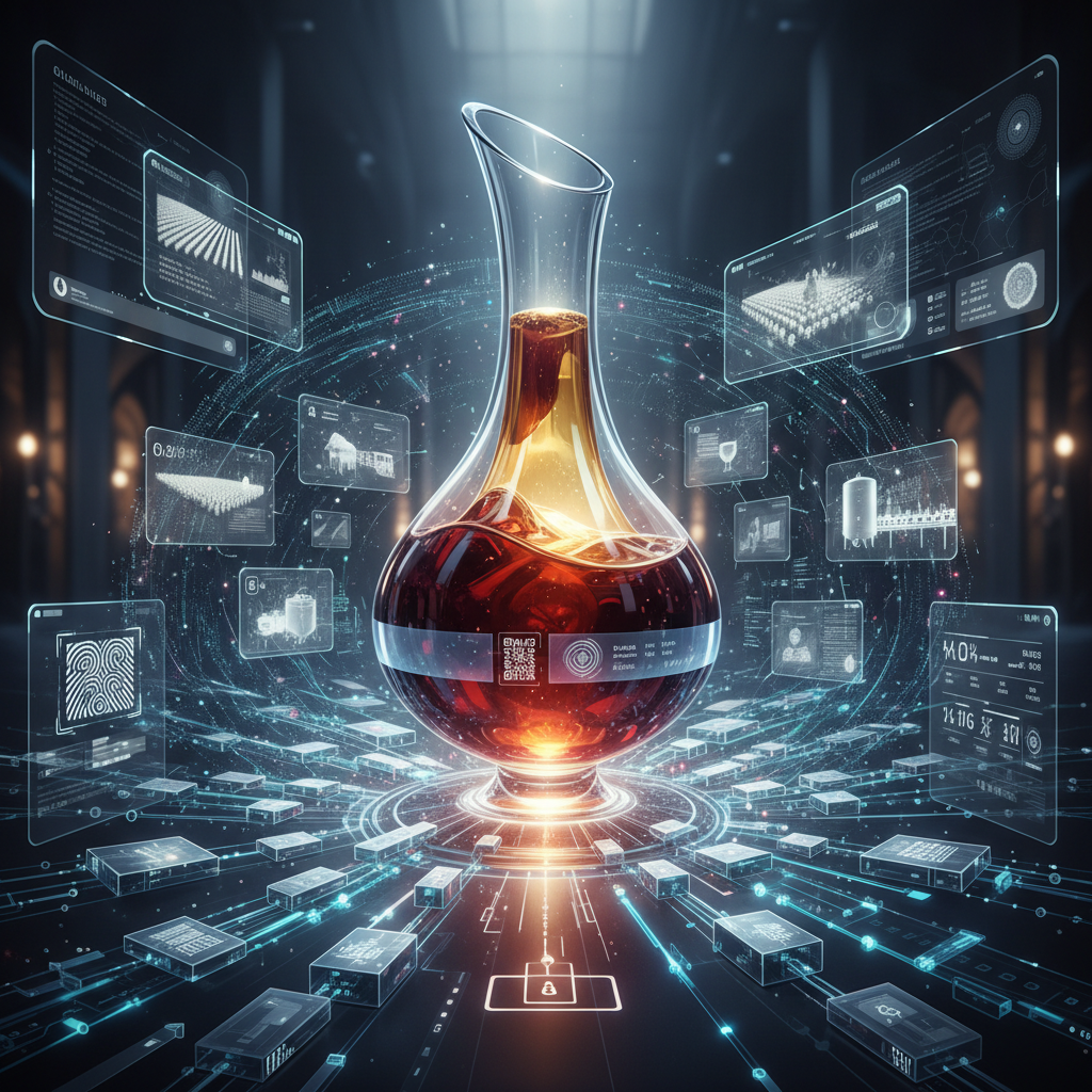 Visual representation of a wine bottle and a blockchain ledger, illustrating the 'vinous blockchain' revolutionizing wine provenance and authenticity in 2026, with a focus on traceability and combating counterfeits.