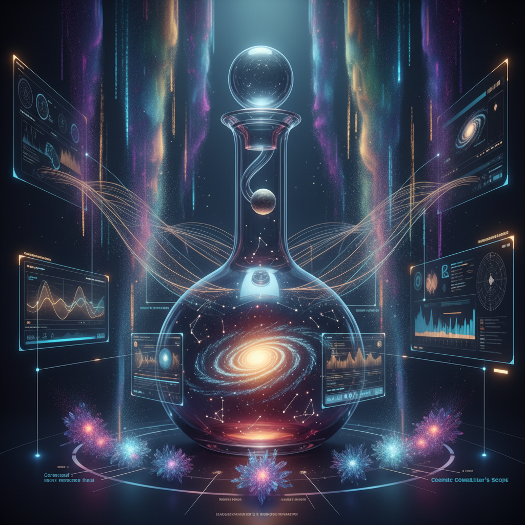 A mesmerizing infographic illustrating the 'Vinous Nebula' concept, showing swirling cosmic dust and stars subtly influencing a vineyard landscape, with detailed charts and diagrams explaining the scientific connection between celestial patterns and specific terroir characteristics expected in 2026. The image visually deconstructs how 'cosmic terroir' is redefining viticulture.