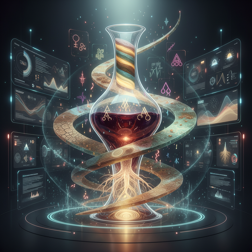 An intricate graphic illustrating the cascading effects of historic climate shifts on old vine wine production in 2026, showcasing root systems adapting to past weather patterns, influencing soil microbiology and grape characteristics, with a focus on 'vinous echo' concept and the enduring impact of temperature and rainfall changes on renowned vineyards globally.