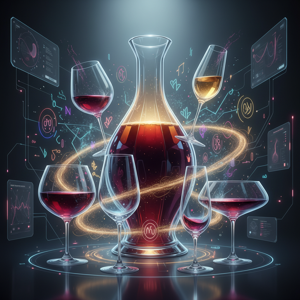 A visually striking high-resolution photograph showcasing an assortment of wine glasses, each holding a different wine style, illustrating how wine's personality adapts based on glassware choices, with a subtle scientific diagram overlay in 2026. This image is perfect for articles on wine glassware science and its impact on wine perception.