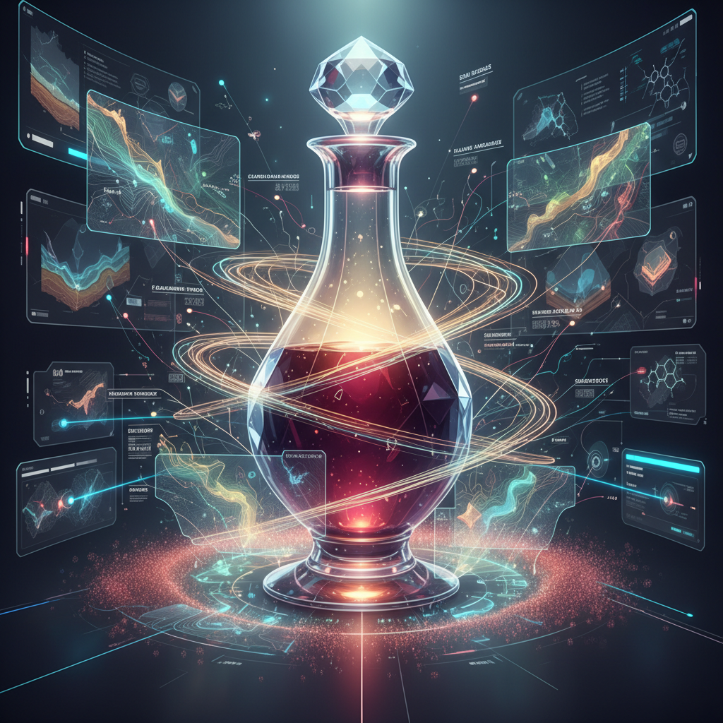 Detailed map illustrating the 'Art of the Vinous Cartographer' with color-coded regions representing flavor landscapes and predictive terroir for 2026, showcasing wine characteristics based on climate and soil data. The image highlights advanced viticulture and data analysis techniques.