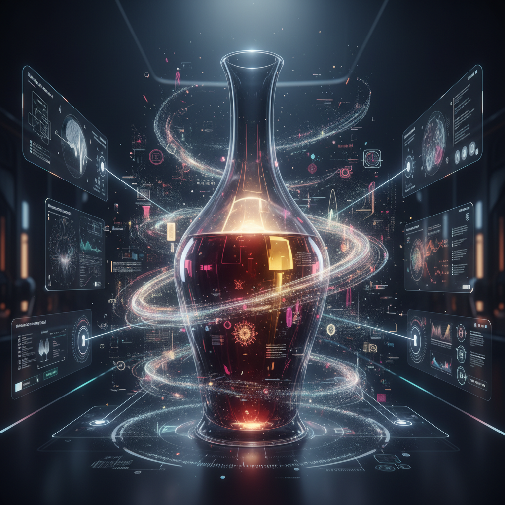 A person in a futuristic, dark 'cognitive cellar' environment, holding a wine glass, with subtle light highlighting their focused expression on the wine. This illustrates how sensory deprivation enhances wine appreciation in 2026, improving focus on taste, aroma, and mouthfeel through minimized visual and auditory distractions. The innovative setting emphasizes the advanced techniques used for sensory exploration in the modern wine industry.