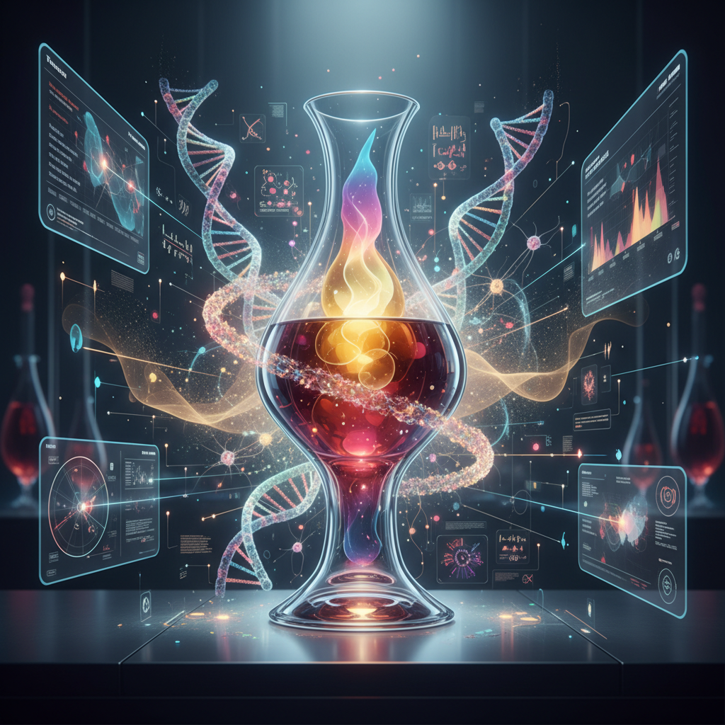 Detailed illustration of DNA strands intertwined with a wine glass, symbolizing the future of genetic wine appreciation in 2026. The image visually represents deconstructing an individual's genetic blueprint for personalized taste preferences and understanding how genetics influence reactions to different wine varietals.