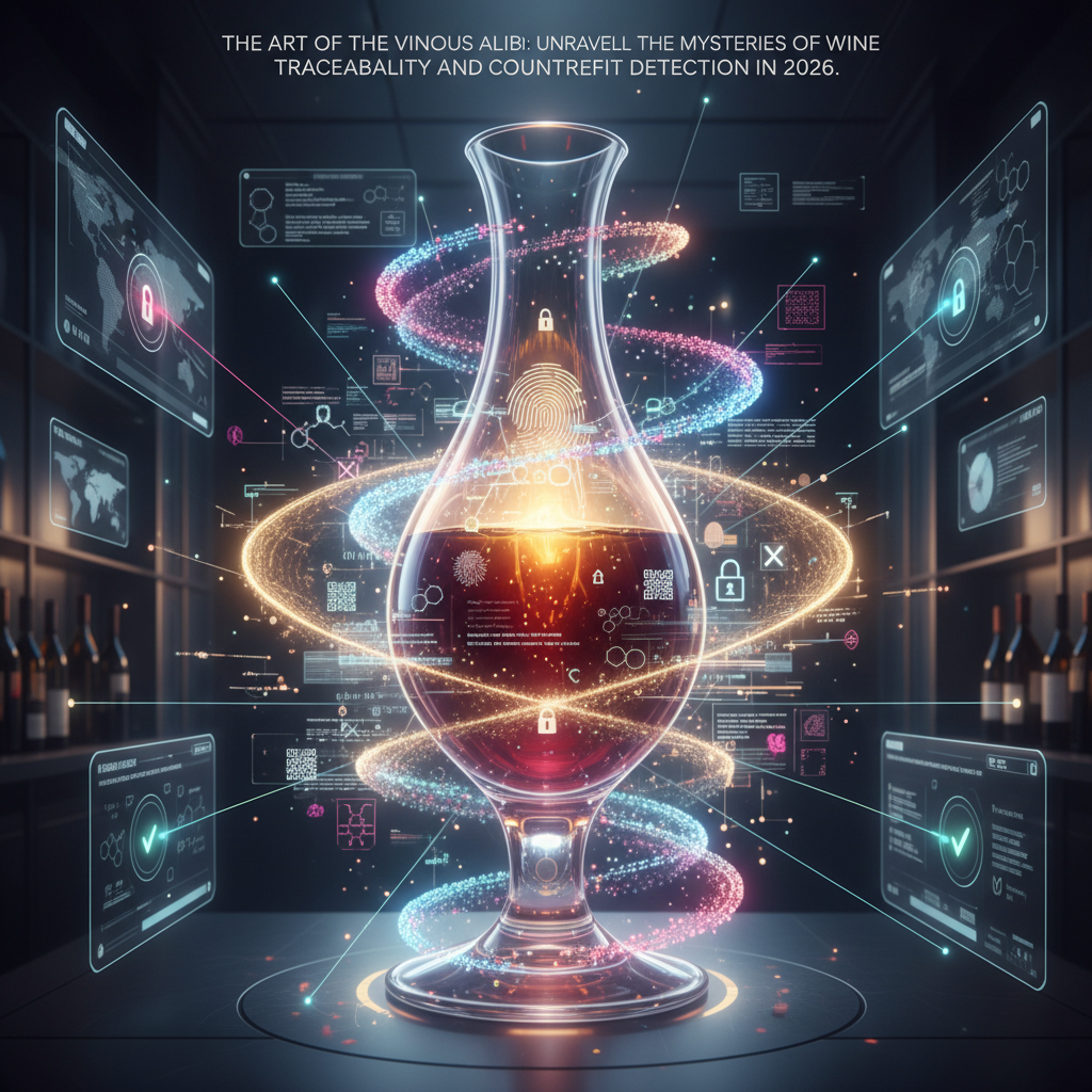 Visual representation of wine traceability in 2026, showing digital labels, QR codes, and microscopic analysis tools illuminating a bottle of red wine, symbolizing the advanced methods used to detect counterfeit wines and verify authenticity in the current year.